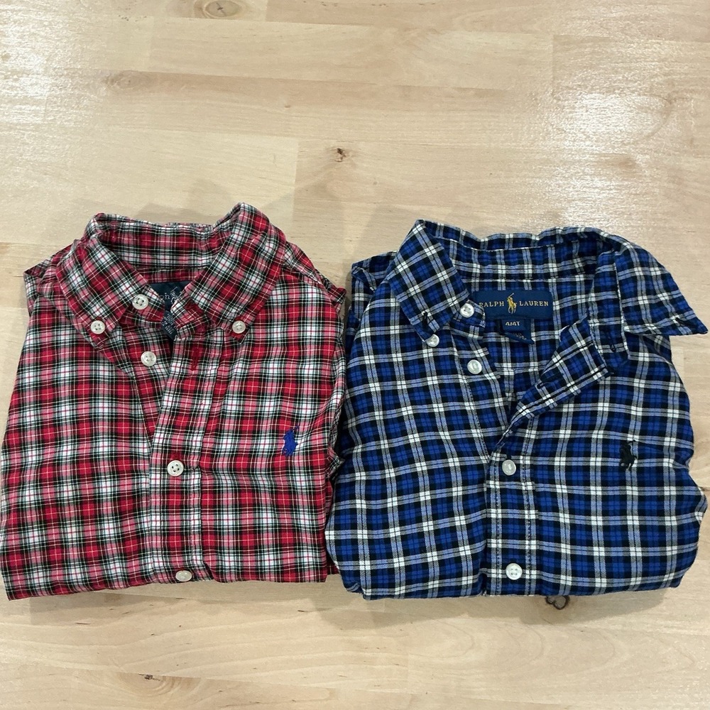 Ralph Lauren Boys Button Down Shirt Lot Of 2 Long Sleeve Sz 4 4T Plaid Preppy
